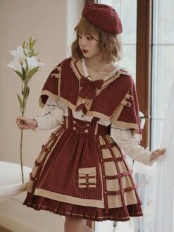 Academic Lolita Outfits Dark Red Chains Stripes Long Sleeves Cloak Skirt Hat