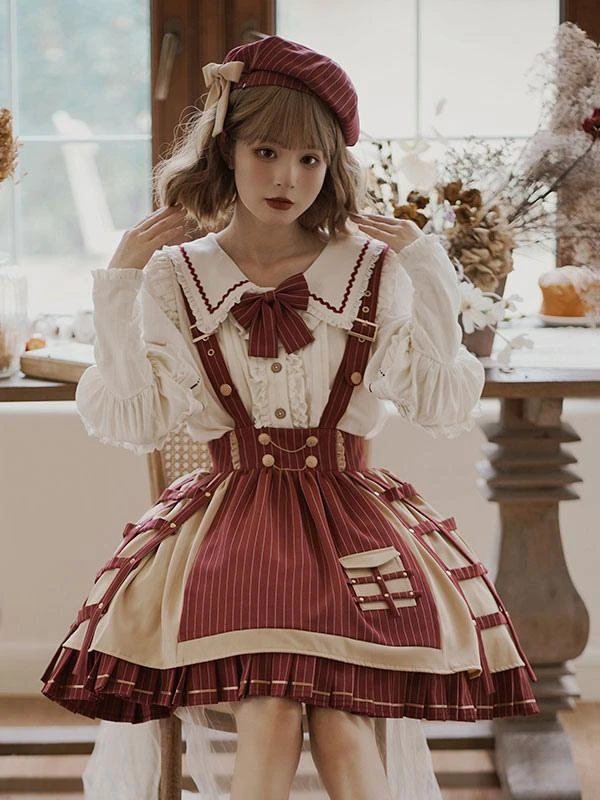 Academic Lolita Outfits Dark Red Chains Stripes Long Sleeves Cloak Skirt Hat - Image 4