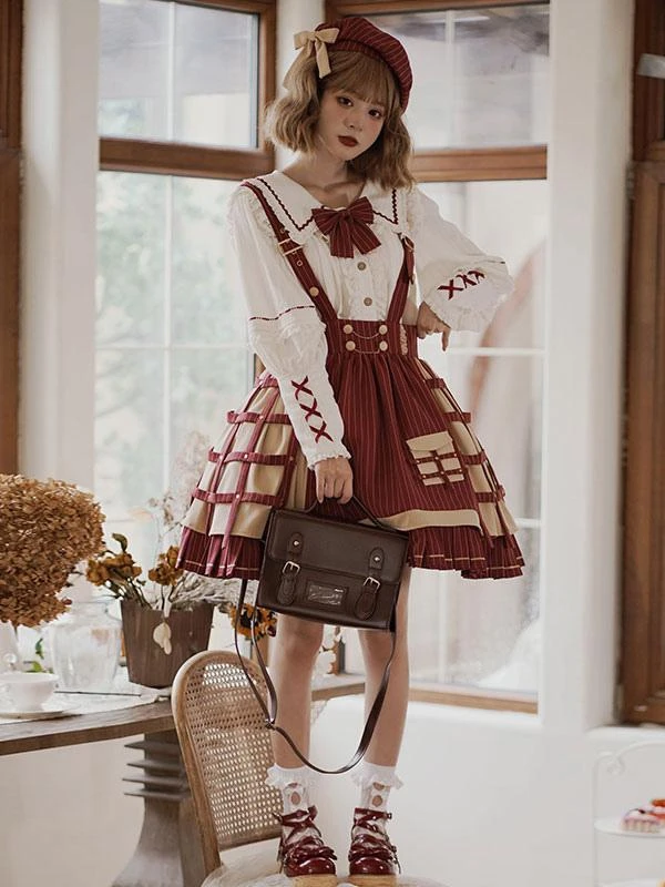 Academic Lolita Outfits Dark Red Chains Stripes Long Sleeves Cloak Skirt Hat - Image 2