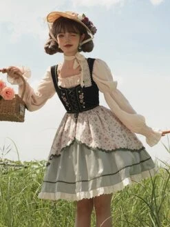 Lolita Dresses Tea Party Style Lolita Skirt Ruffles Sleeveless Polyester Pastoral Style Floral Print Light Green