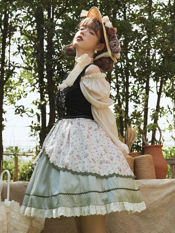 Lolita Dresses Tea Party Style Lolita Skirt Ruffles Sleeveless Polyester Pastoral Style Floral Print Light Green - Image 2