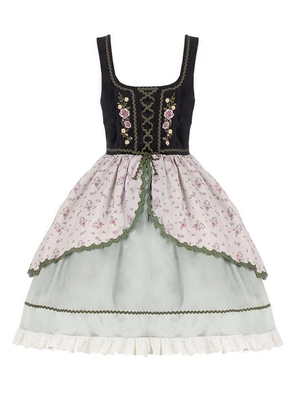 Lolita Dresses Tea Party Style Lolita Skirt Ruffles Sleeveless Polyester Pastoral Style Floral Print Light Green - Image 5