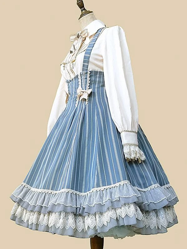 Classical Lolita Dress Cotton Bows Sleeveless Lolita Dresses Stripes Light Sky Blue - Image 6