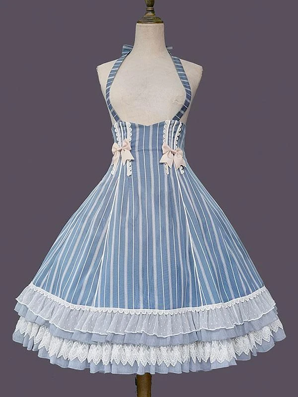 Classical Lolita Dress Cotton Bows Sleeveless Lolita Dresses Stripes Light Sky Blue - Image 5