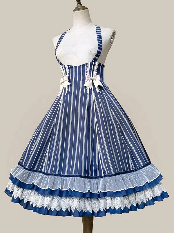 Classical Lolita Dress Cotton Bows Sleeveless Lolita Dresses Stripes Light Sky Blue - Image 9