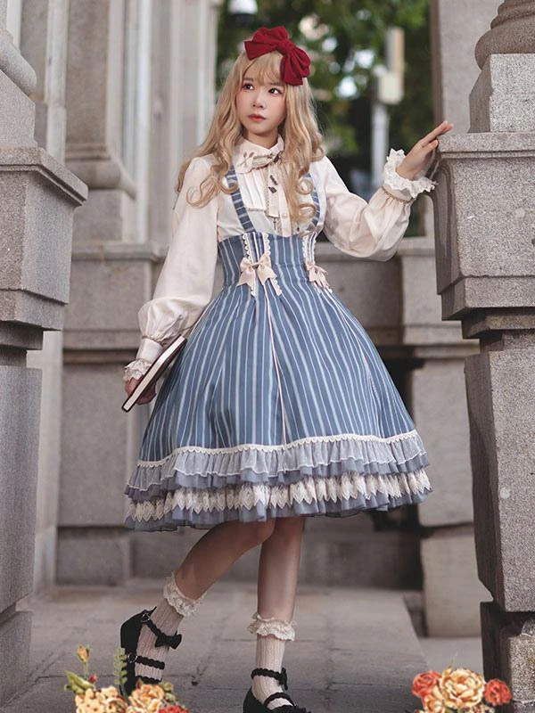 Classical Lolita Dress Cotton Bows Sleeveless Lolita Dresses Stripes Light Sky Blue - Image 3