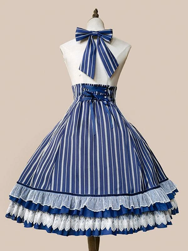 Classical Lolita Dress Cotton Bows Sleeveless Lolita Dresses Stripes Light Sky Blue - Image 10