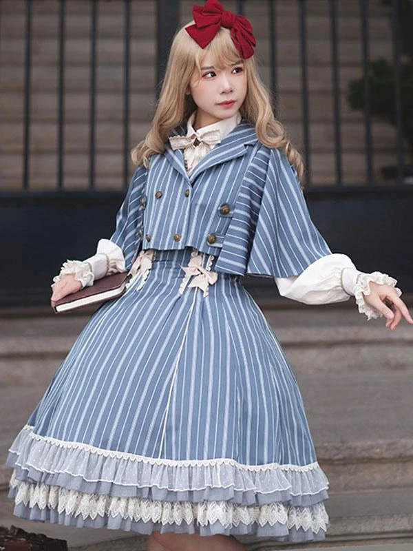 Classical Lolita Dress Cotton Bows Sleeveless Lolita Dresses Stripes Light Sky Blue - Image 4