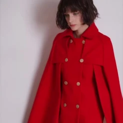 Women Red Poncho Oversized Cape Coat Winter Outerwear 2024