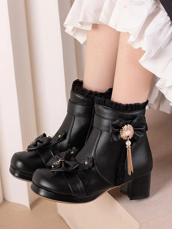 Sweet Lolita Boots Ankle PU Leather Ruffles Bows Round Toe Black Lolita Footwear - Image 6