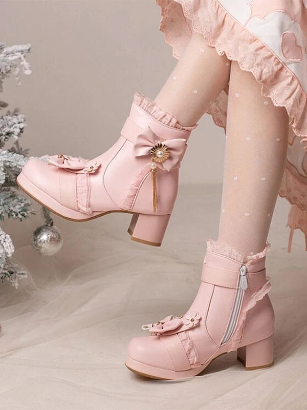 Sweet Lolita Boots Ankle PU Leather Ruffles Bows Round Toe Black Lolita Footwear - Image 7