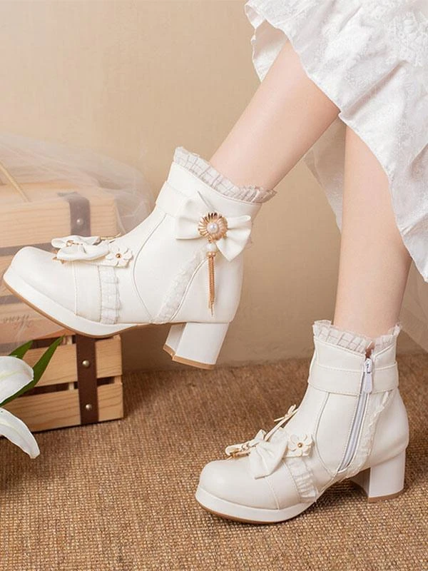 Sweet Lolita Boots Ankle PU Leather Ruffles Bows Round Toe Black Lolita Footwear - Image 3