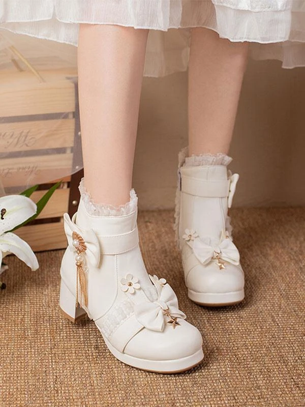 Sweet Lolita Boots Ankle PU Leather Ruffles Bows Round Toe Black Lolita Footwear - Image 2