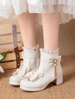 Sweet Lolita Boots Ankle PU Leather Ruffles Bows Round Toe Black Lolita Footwear