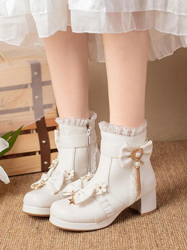 Sweet Lolita Boots Ankle PU Leather Ruffles Bows Round Toe Black Lolita Footwear