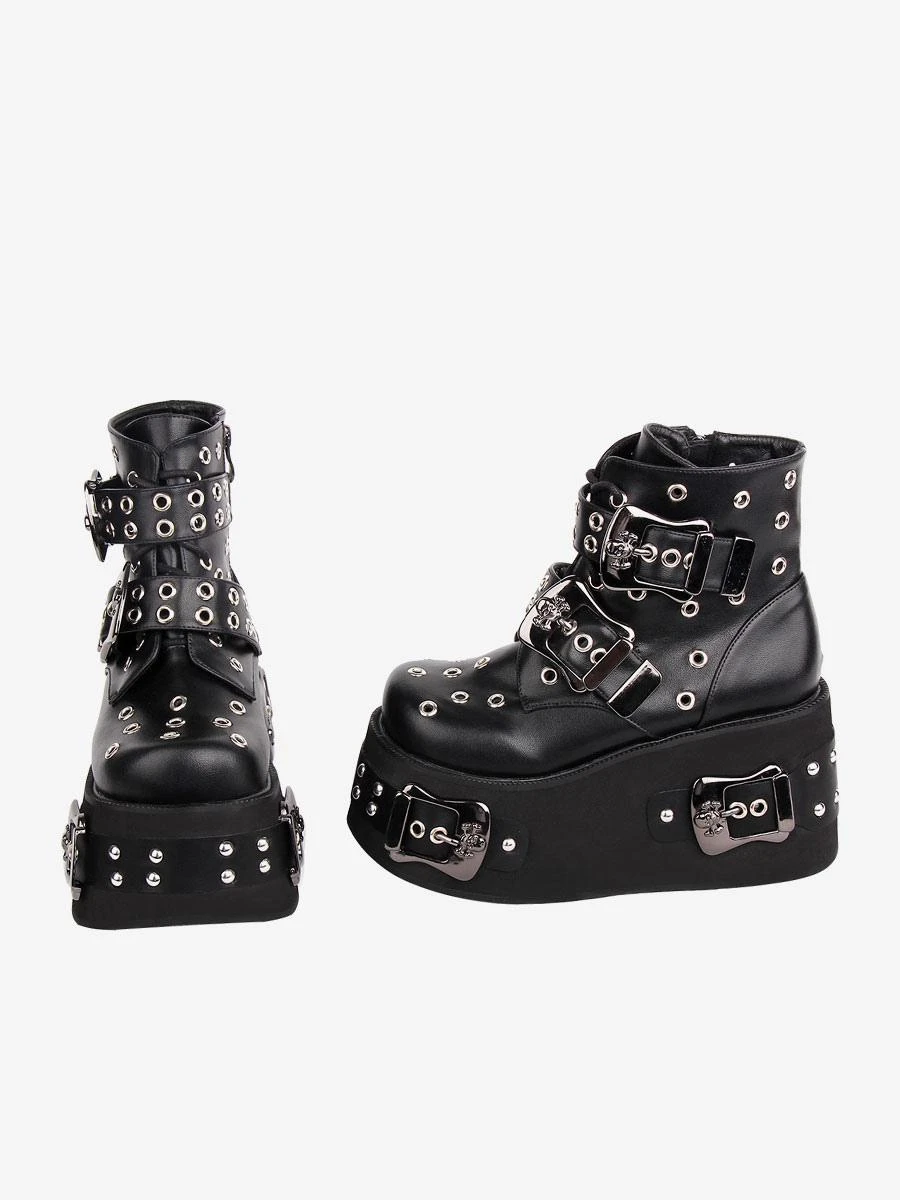 Gothic Lolita Boots PU Leather Grommets Round Toe Black Lolita Footwear - Image 3