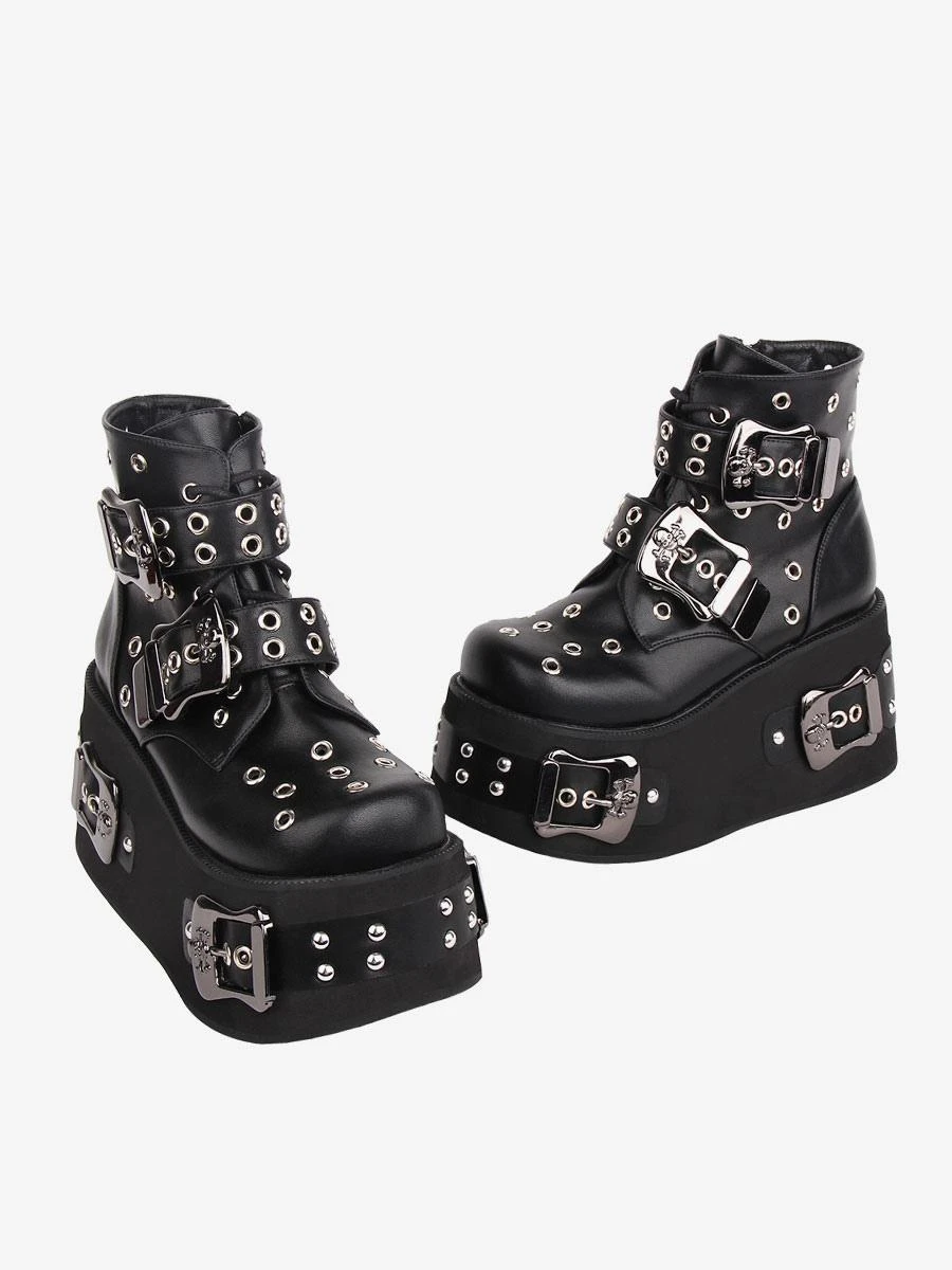 Gothic Lolita Boots PU Leather Grommets Round Toe Black Lolita Footwear - Image 2