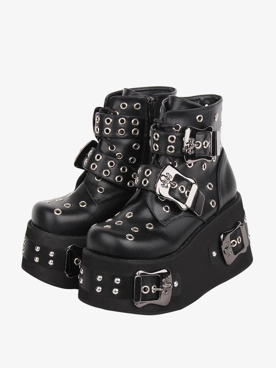Gothic Lolita Boots PU Leather Grommets Round Toe Black Lolita Footwear