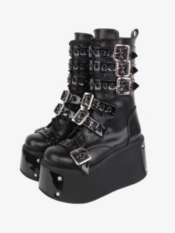 Gothic Lolita Boots Black Grommets Two-Tone Round Toe PU Leather Lolita Footwear
