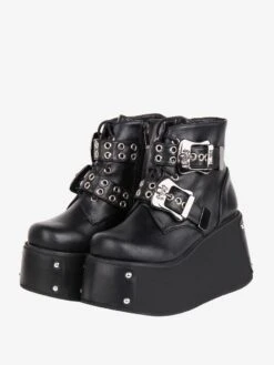 Gothic Lolita Boots Black Grommets Round Toe PU Leather Lolita Footwear