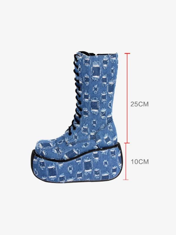 Gothic Boots Canvas Woven Grommets Round Toe As Image Lolita Footwear - Image 6