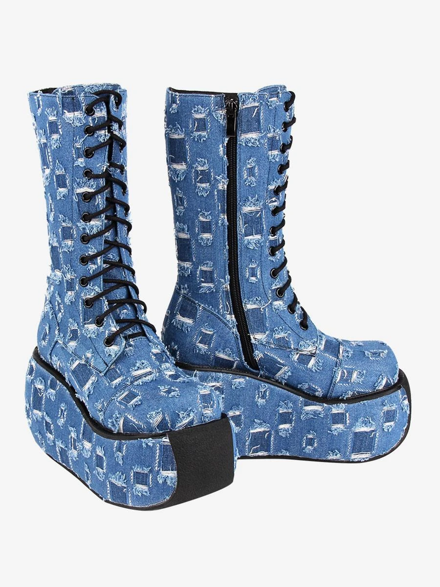 Gothic Boots Canvas Woven Grommets Round Toe As Image Lolita Footwear - Image 5