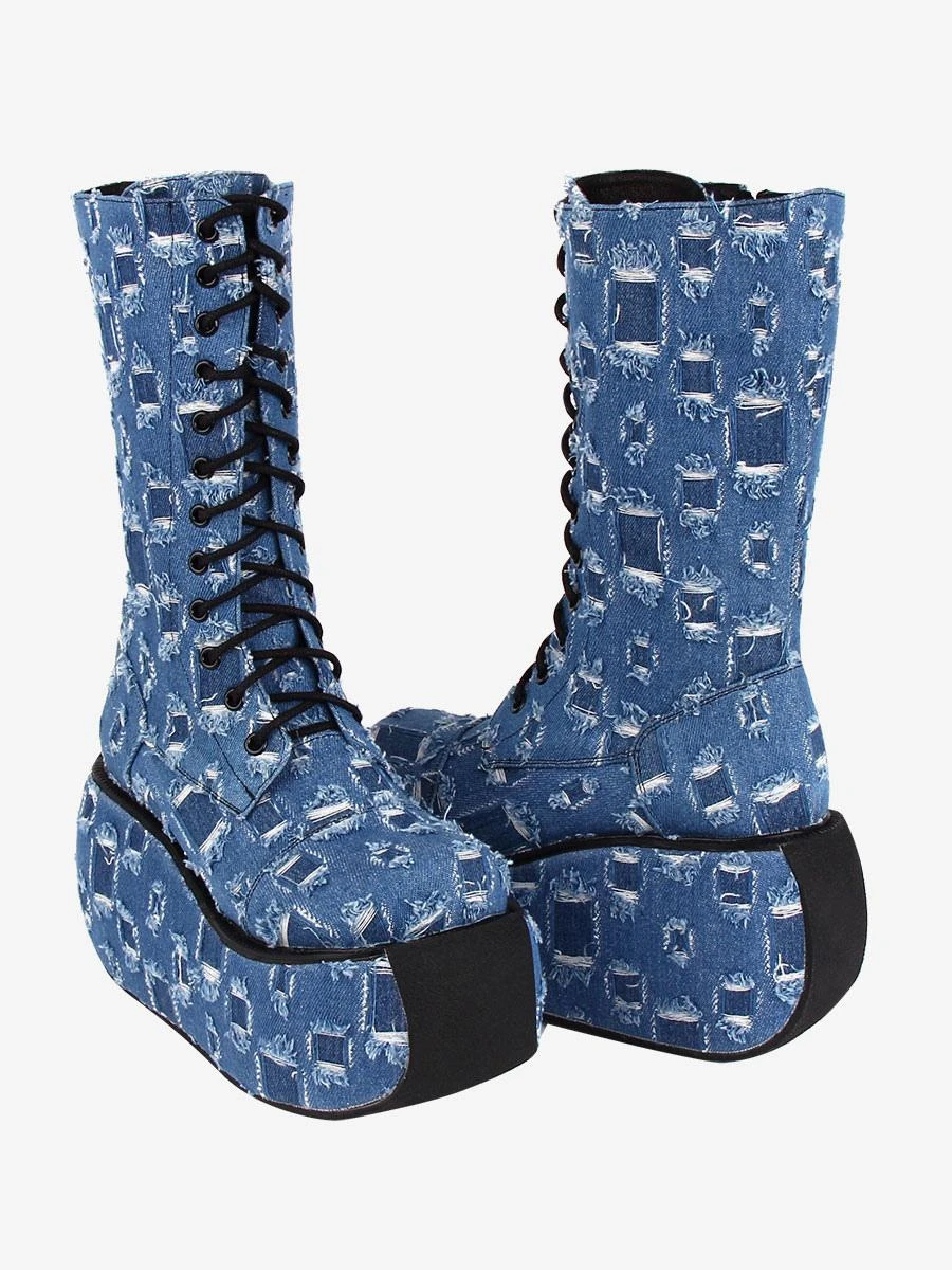 Gothic Boots Canvas Woven Grommets Round Toe As Image Lolita Footwear - Image 4
