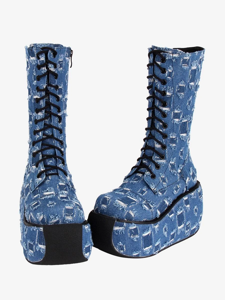 Gothic Boots Canvas Woven Grommets Round Toe As Image Lolita Footwear - Image 2