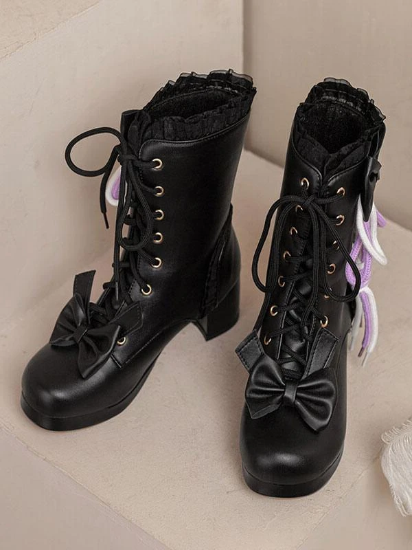 Sweet Lolita Boots PU Leather Bows Ruffles Round Toe White Lolita Footwear - Image 6