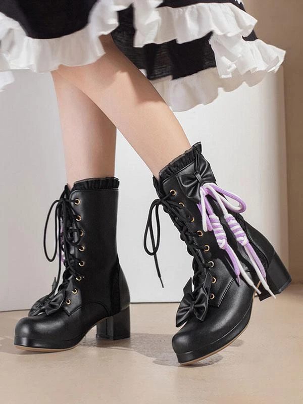 Sweet Lolita Boots PU Leather Bows Ruffles Round Toe White Lolita Footwear - Image 5