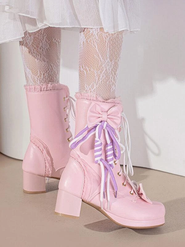 Sweet Lolita Boots PU Leather Bows Ruffles Round Toe White Lolita Footwear - Image 8