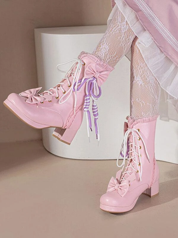 Sweet Lolita Boots PU Leather Bows Ruffles Round Toe White Lolita Footwear - Image 7