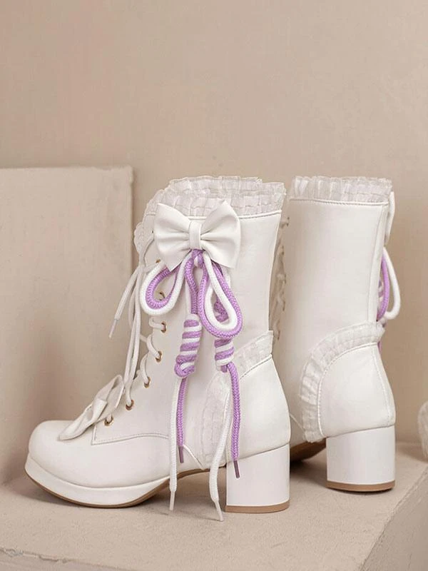 Sweet Lolita Boots PU Leather Bows Ruffles Round Toe White Lolita Footwear - Image 4