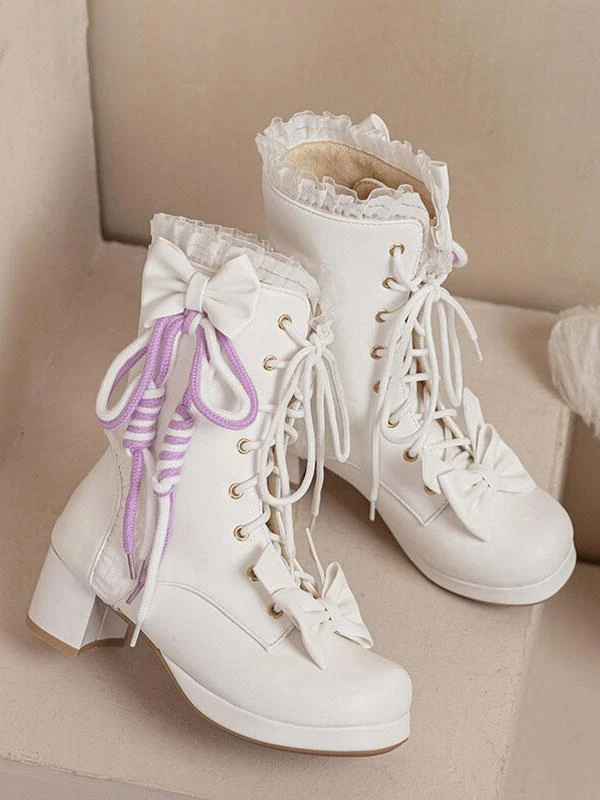 Sweet Lolita Boots PU Leather Bows Ruffles Round Toe White Lolita Footwear - Image 3