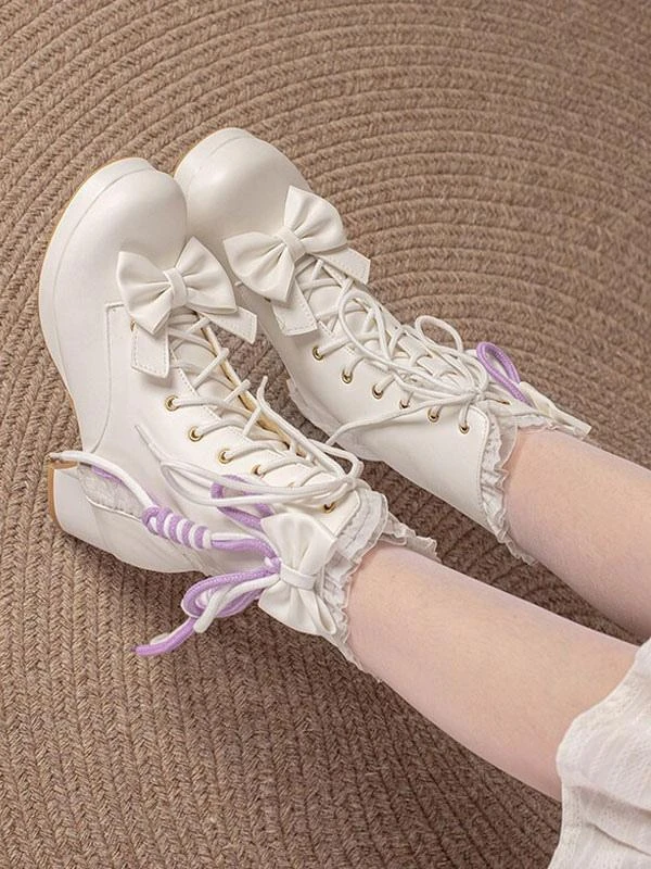 Sweet Lolita Boots PU Leather Bows Ruffles Round Toe White Lolita Footwear - Image 2
