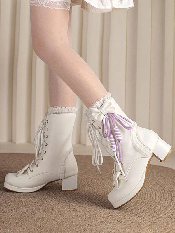 Sweet Lolita Boots PU Leather Bows Ruffles Round Toe White Lolita Footwear