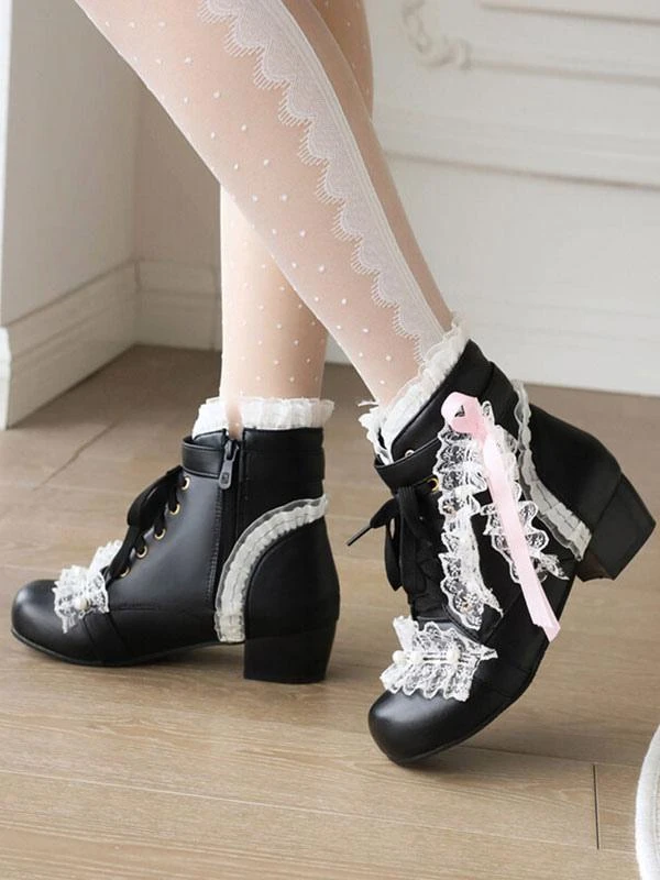 Sweet Lolita Boots PU Leather Pearls Lace Round Toe White Lolita Footwear - Image 9