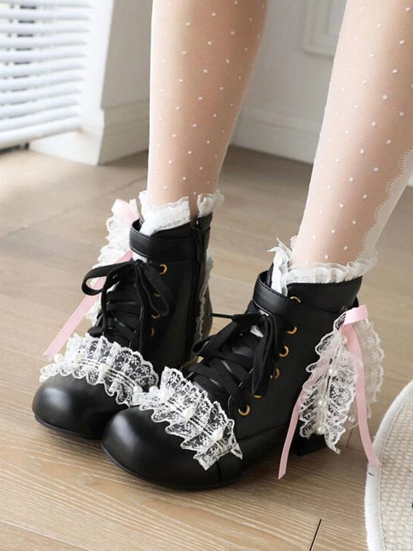 Sweet Lolita Boots PU Leather Pearls Lace Round Toe White Lolita Footwear - Image 8