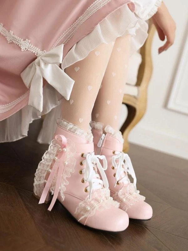 Sweet Lolita Boots PU Leather Pearls Lace Round Toe White Lolita Footwear - Image 7