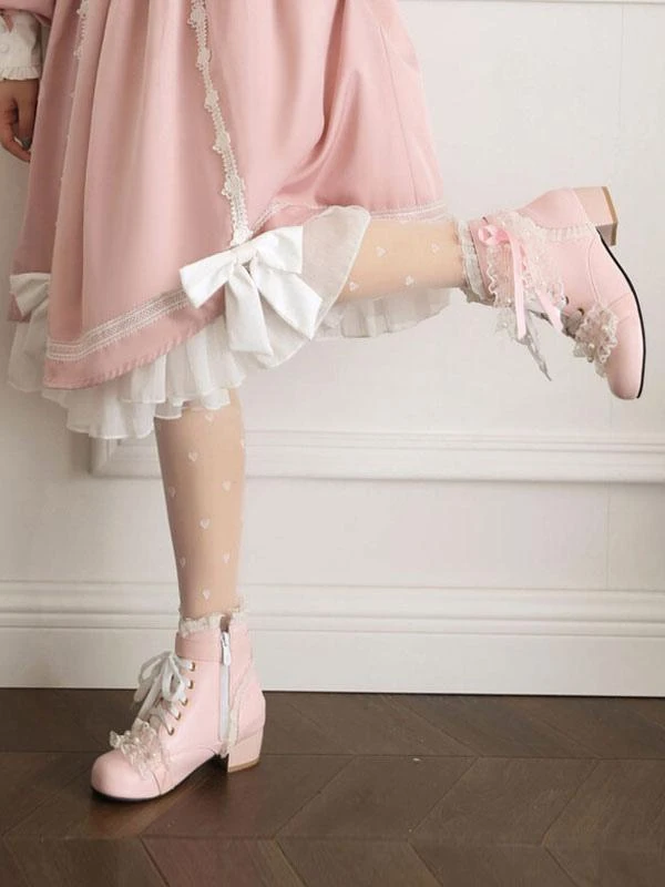 Sweet Lolita Boots PU Leather Pearls Lace Round Toe White Lolita Footwear - Image 6
