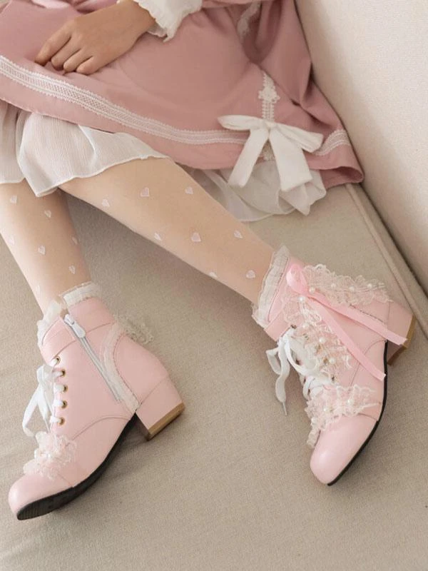 Sweet Lolita Boots PU Leather Pearls Lace Round Toe White Lolita Footwear - Image 5