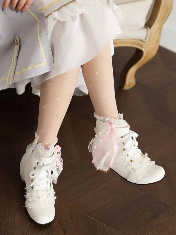Sweet Lolita Boots PU Leather Pearls Lace Round Toe White Lolita Footwear - Image 4