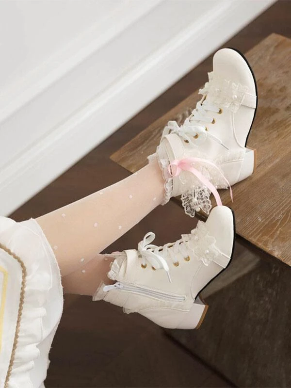 Sweet Lolita Boots PU Leather Pearls Lace Round Toe White Lolita Footwear - Image 3