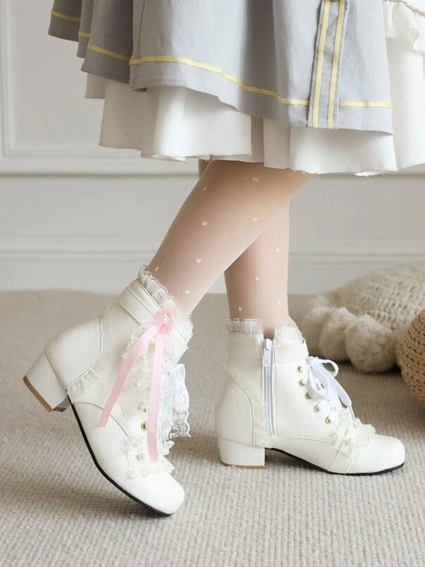 Sweet Lolita Boots PU Leather Pearls Lace Round Toe White Lolita Footwear - Image 2