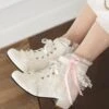 Sweet Lolita Boots PU Leather Pearls Lace Round Toe White Lolita Footwear
