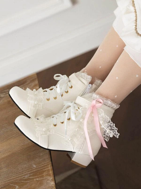 Sweet Lolita Boots PU Leather Pearls Lace Round Toe White Lolita Footwear