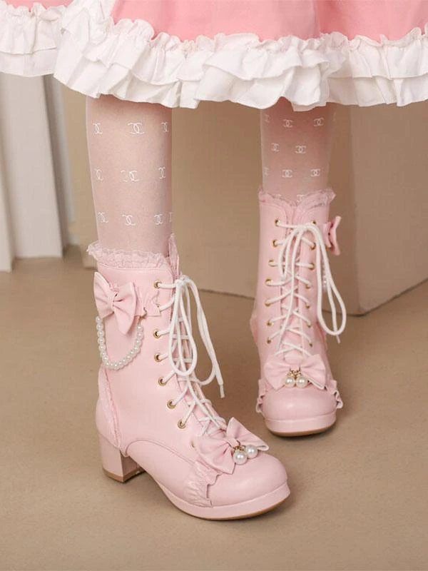 Sweet Lolita Boots PU Leather Ruffles Pearls Round Toe Black Lolita Footwear - Image 3