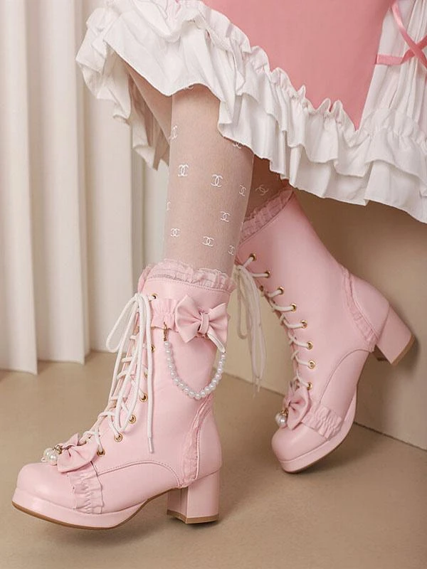Sweet Lolita Boots PU Leather Ruffles Pearls Round Toe Black Lolita Footwear - Image 2