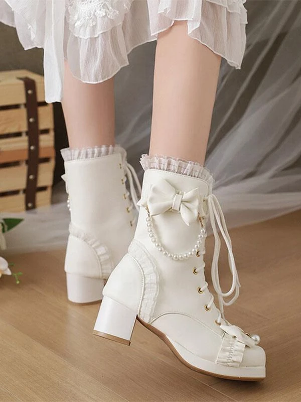 Sweet Lolita Boots PU Leather Ruffles Pearls Round Toe Black Lolita Footwear - Image 7