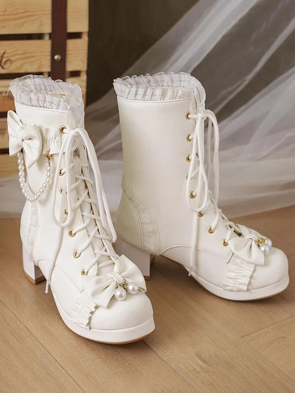 Sweet Lolita Boots PU Leather Ruffles Pearls Round Toe Black Lolita Footwear - Image 6